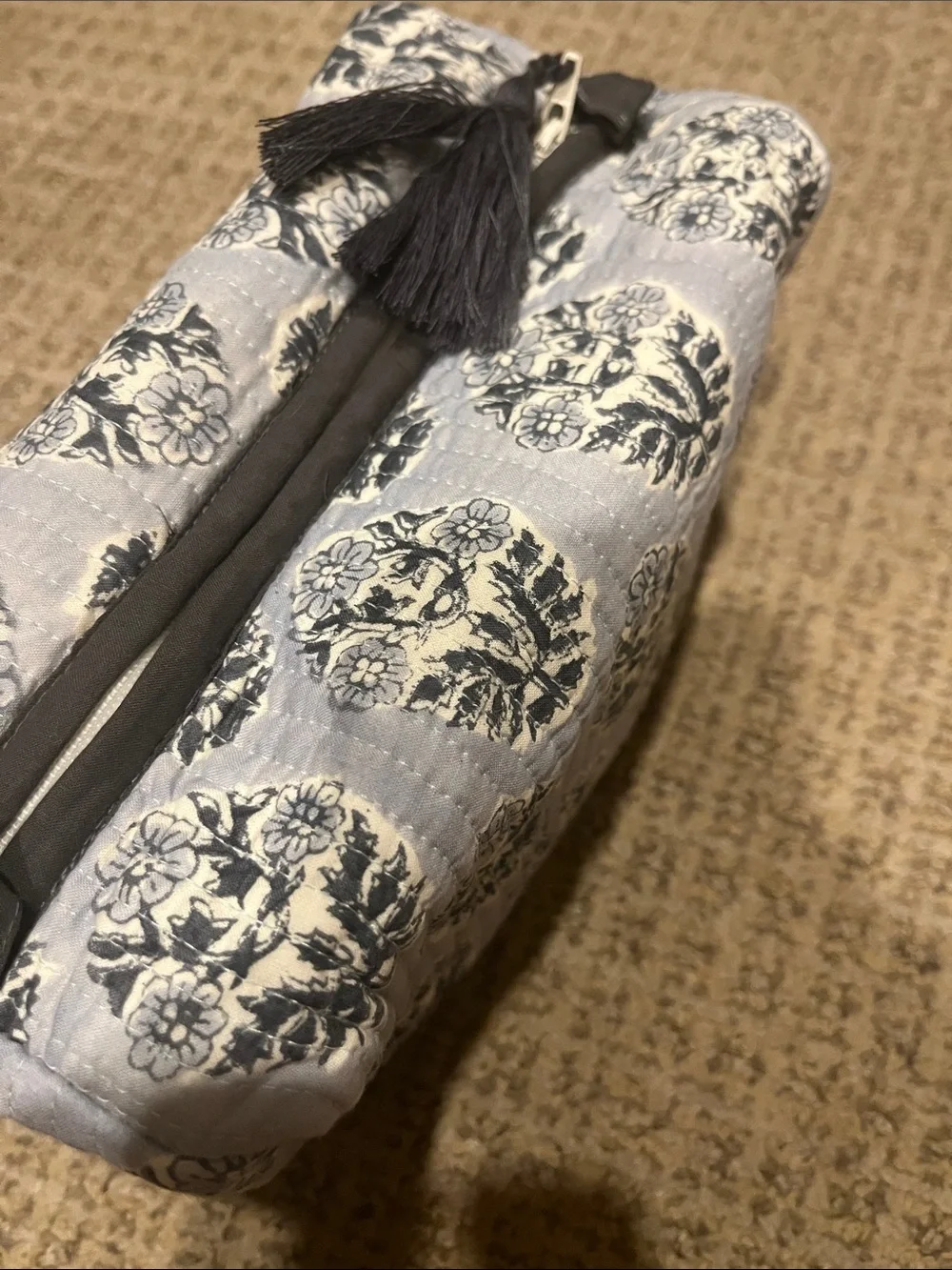 Quilted Floral Cosmetic Pouch – Light Blue and navy